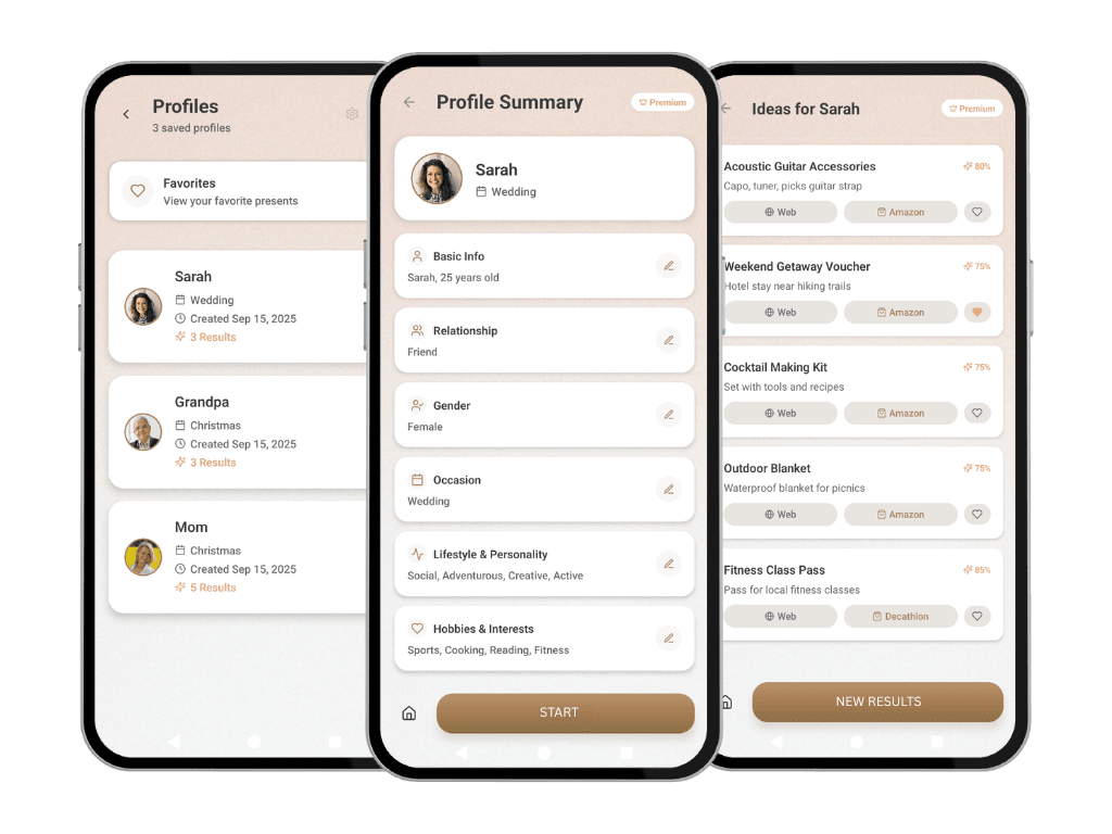 heyGIFTs app mockup showing profiles, profile summary, and gift recommendations