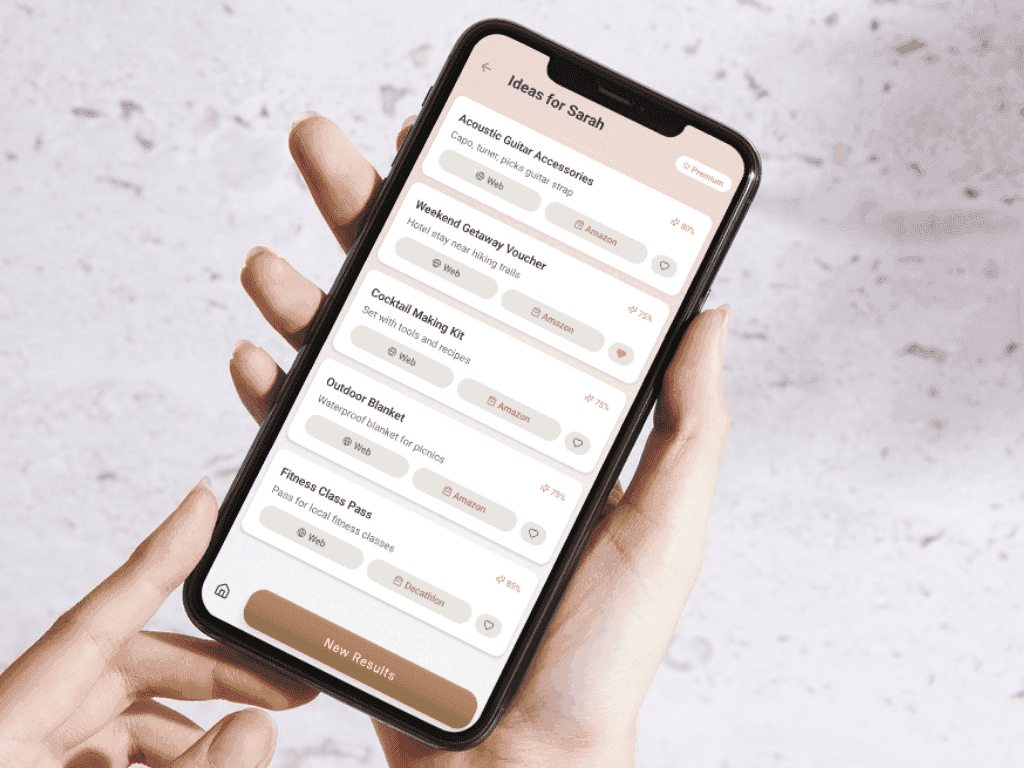 Gift recommendations screen showing personalized suggestions for Sarah